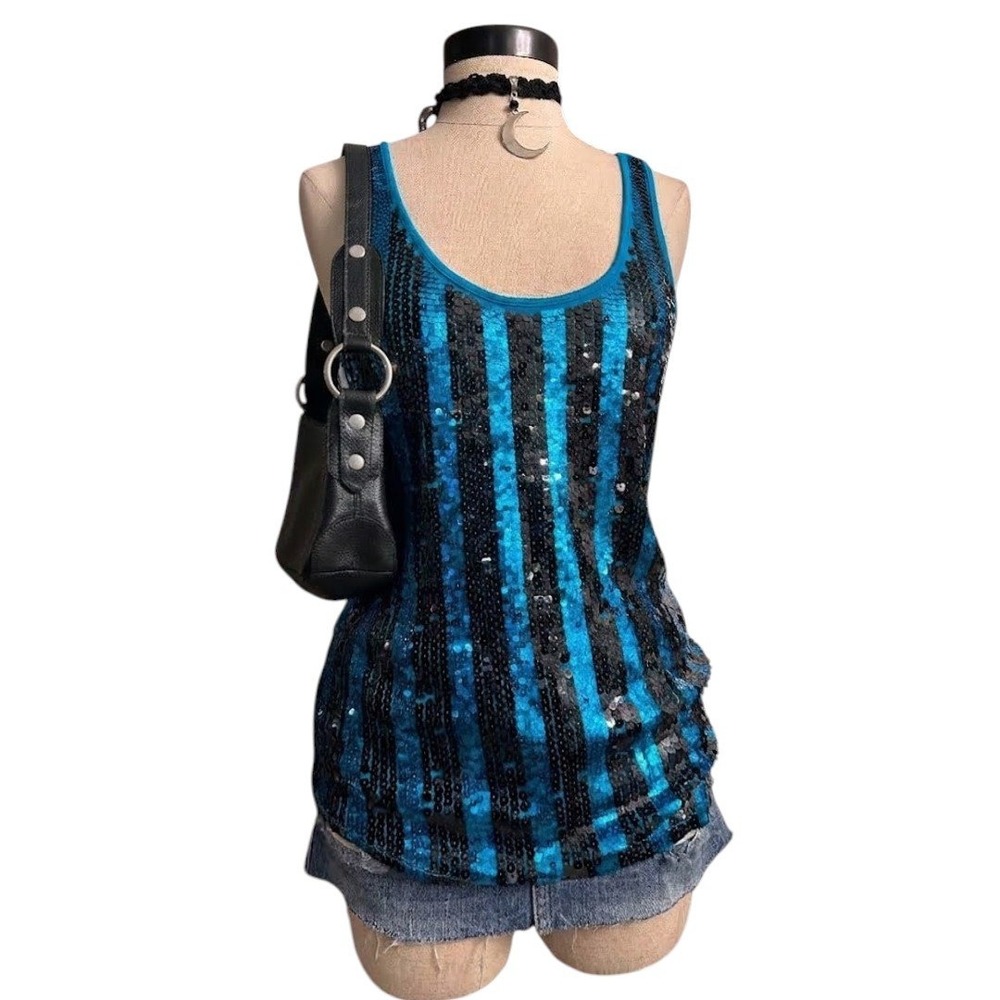 Blue Black Sequin Tank Top Y2K Glam Stretchy Fitted Small 2012 Indie Sleaze